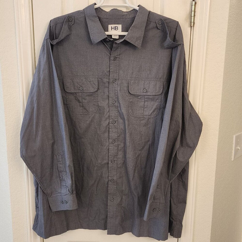 HB Gray Button-Front Long Sleeve Shirt – 4XLT – Cotton Blend